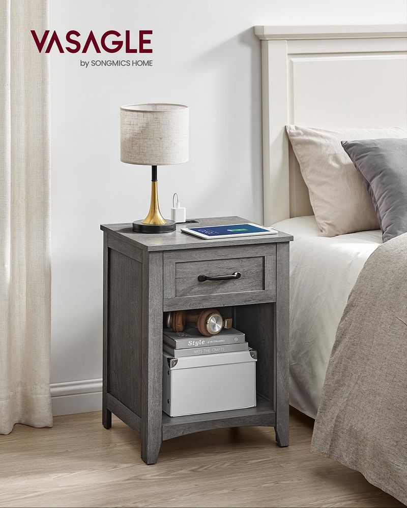 Nightstand With Charging Station - Farmhouse Style - Drawer Shelf