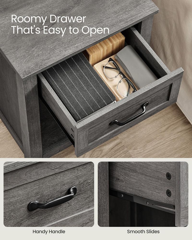 Nightstand With Charging Station - Farmhouse Style - Drawer Shelf