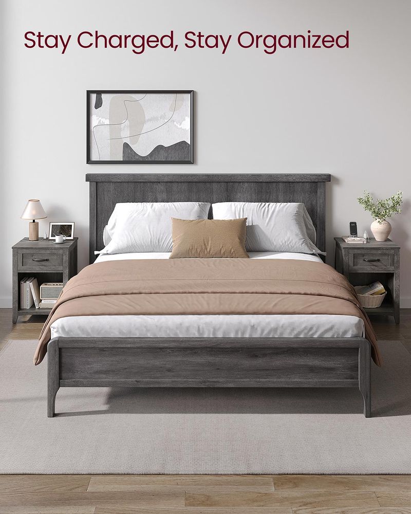 Nightstand With Charging Station - Farmhouse Style - Drawer Shelf