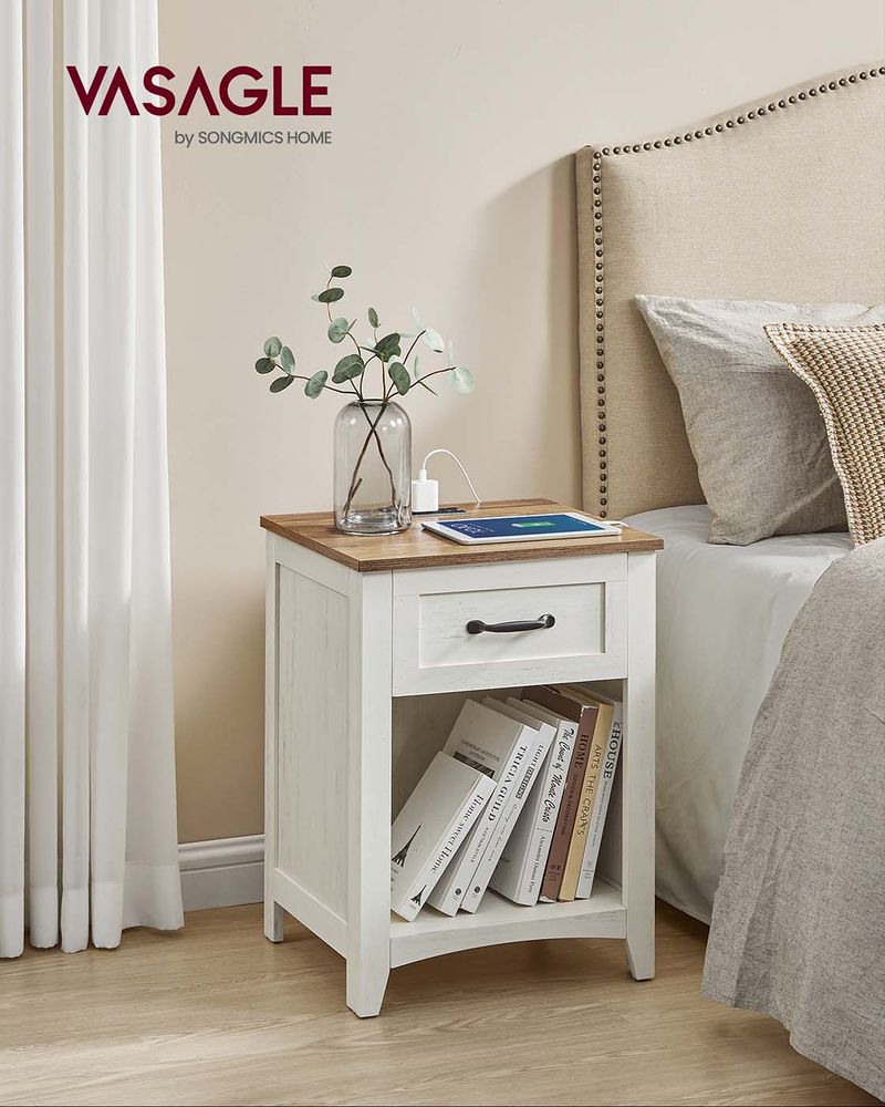 Nightstand With Charging Station - Farmhouse Style - Drawer Shelf
