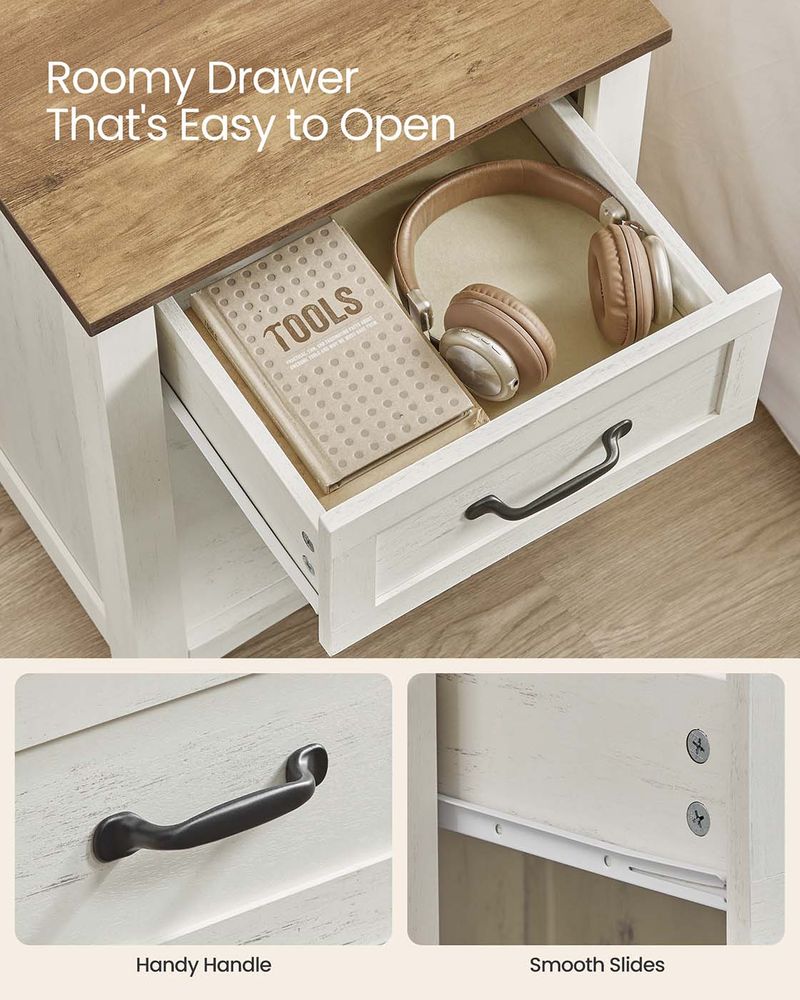 Nightstand With Charging Station - Farmhouse Style - Drawer Shelf