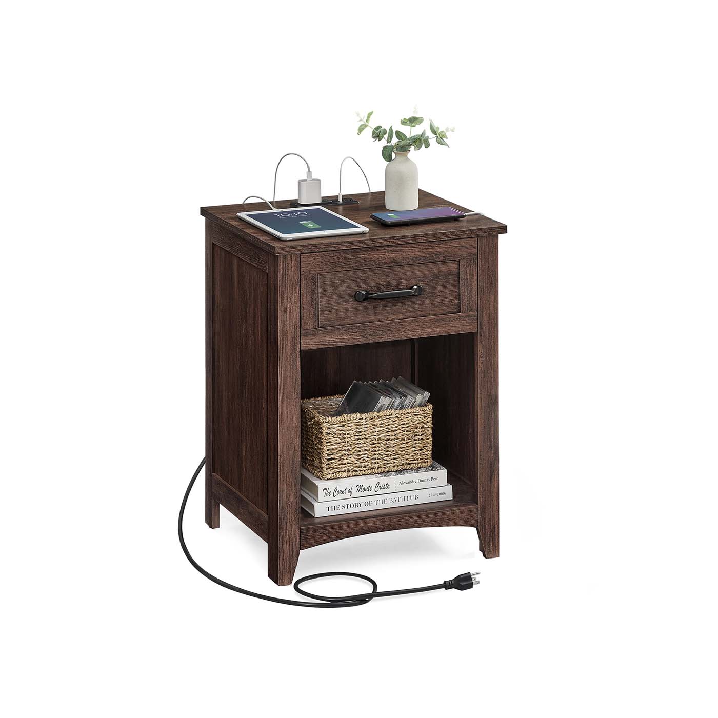 Nightstand With Charging Station - Farmhouse Style - Drawer Shelf