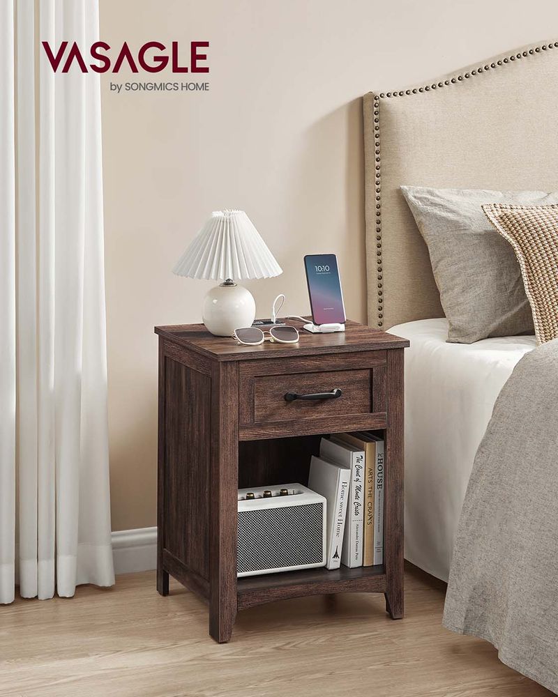 Nightstand With Charging Station - Farmhouse Style - Drawer Shelf