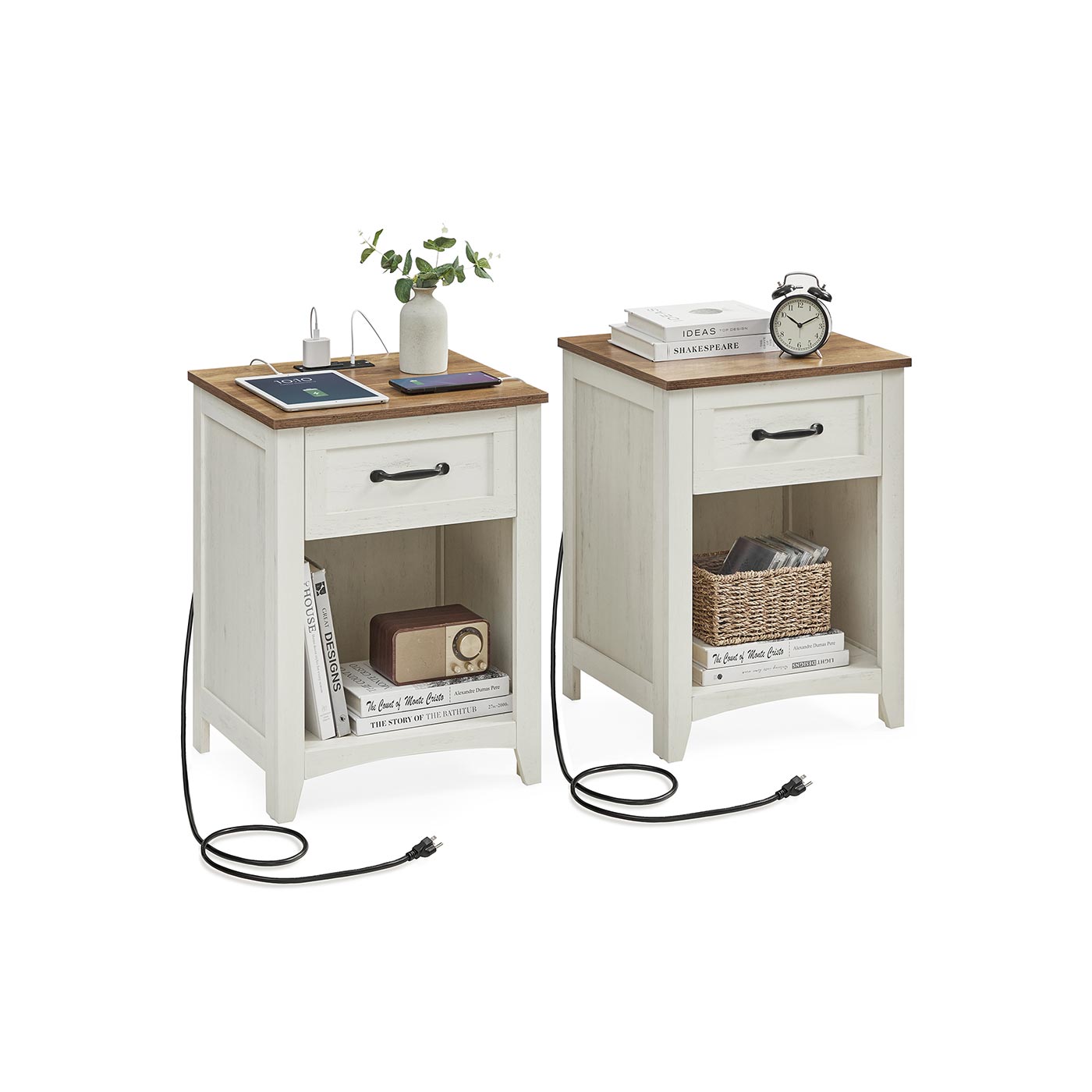 Nightstand With Charging Station - Farmhouse Style - Drawer Shelf