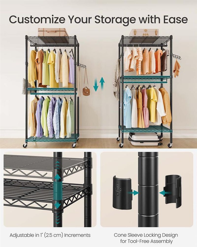 Clothes Rack - Heavy Duty Rolling - Adjustable Shelves Rails