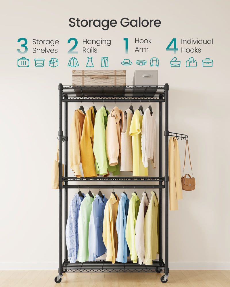Heavy-Duty Rolling Clothes Rack – Adjustable Shelves & Rails – Portable Closet Organizer