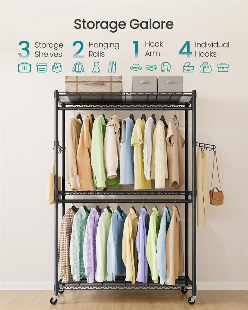 Heavy-Duty Rolling Clothes Rack – Adjustable Shelves & Rails – Portable Closet Organizer