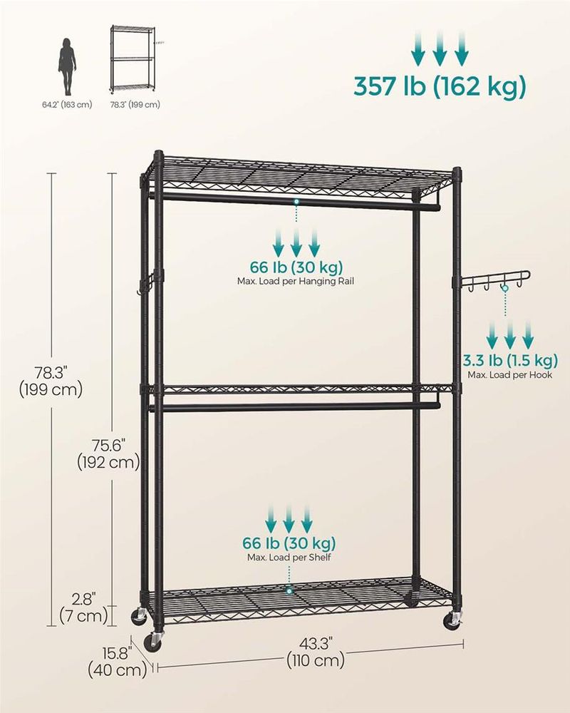 Heavy-Duty Rolling Clothes Rack – Adjustable Shelves & Rails – Portable Closet Organizer