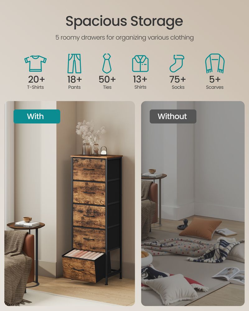 5 Drawer Dresser - Steel Frame - 46 Inch Tall Storage Organizer