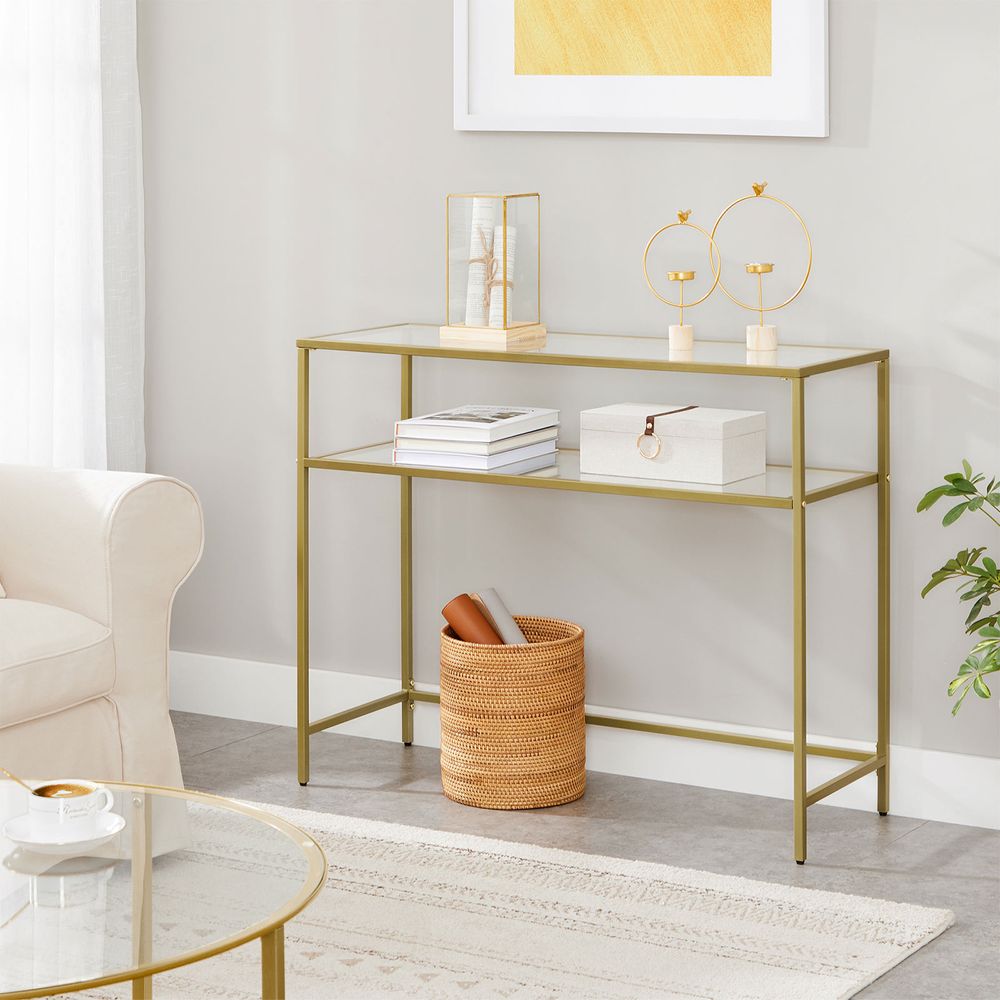 Console Sofa Table - 39.4 Inch - Glass Shelves Glam Style