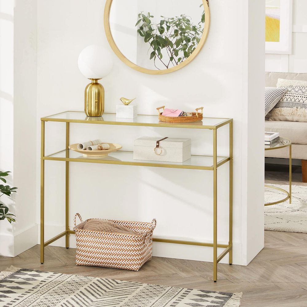 Console Sofa Table - 39.4 Inch - Glass Shelves Glam Style