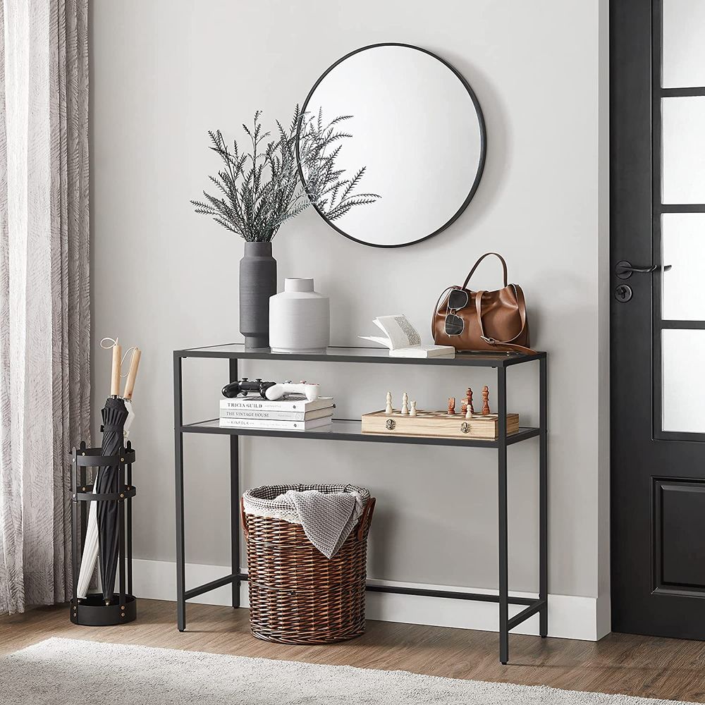 Console Sofa Table - 39.4 Inch - Glass Shelves Glam Style
