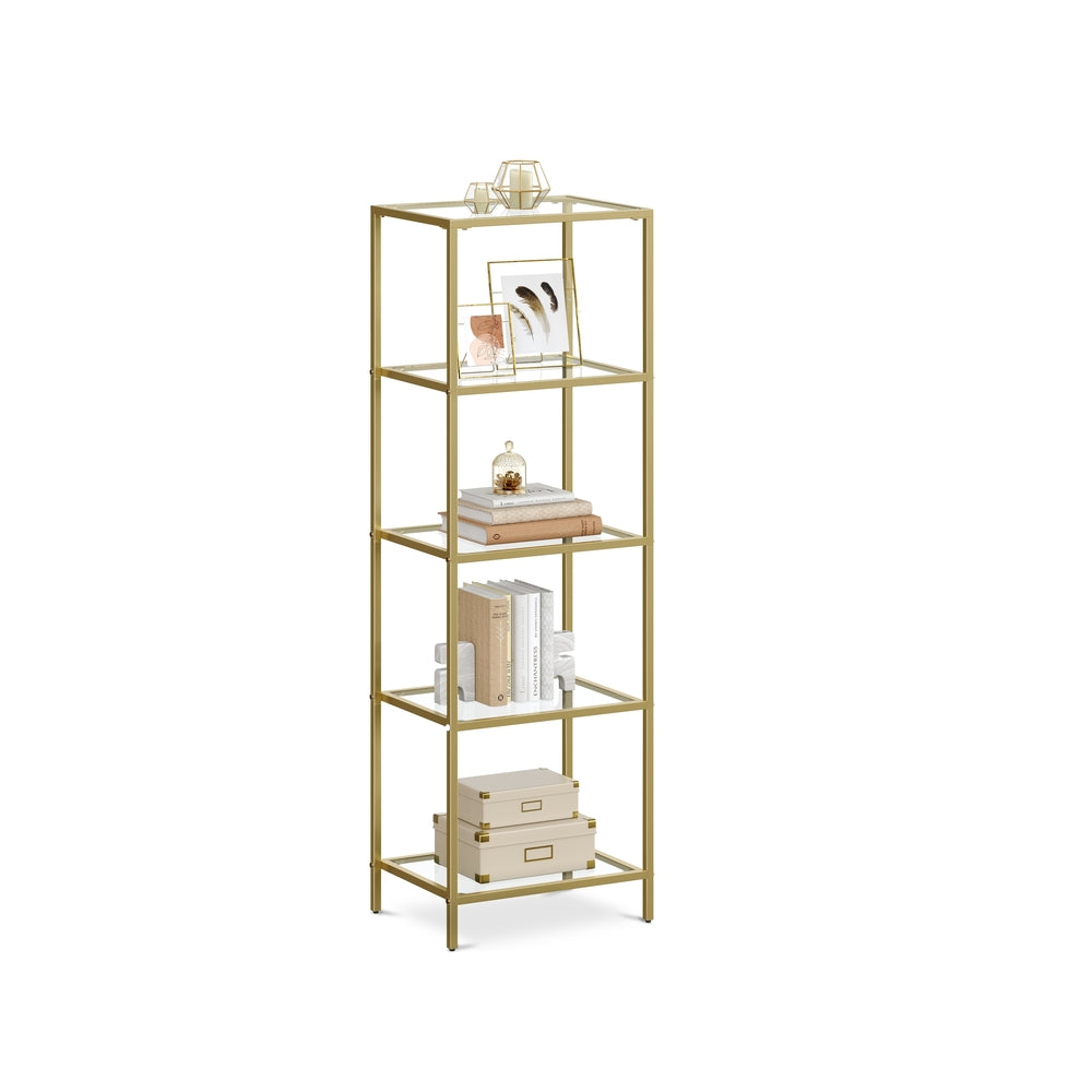 5 Tier Slim Bookcase Glass Shelves Narrow Storage Shelving Unit