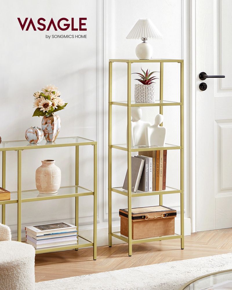 5 Tier Slim Bookcase Glass Shelves Narrow Storage Shelving Unit