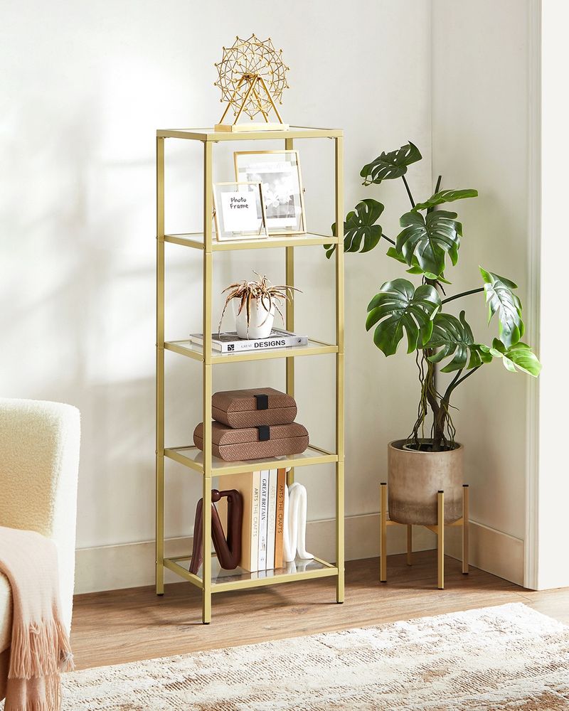 5 Tier Slim Bookcase Glass Shelves Narrow Storage Shelving Unit