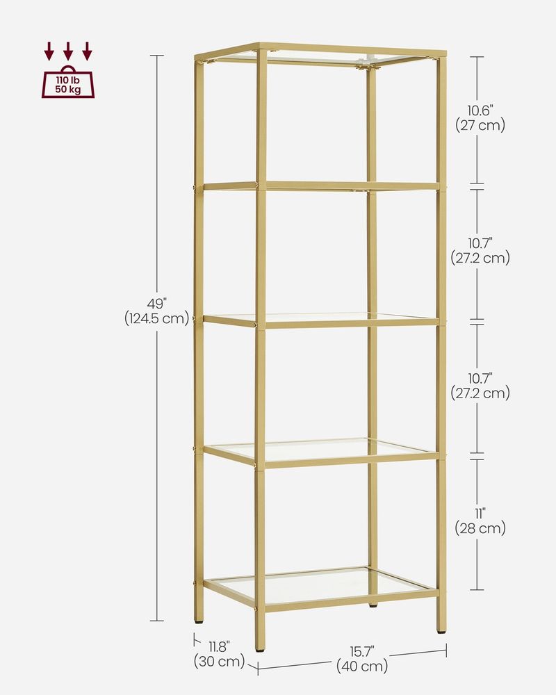 5 Tier Slim Bookcase Glass Shelves Narrow Storage Shelving Unit