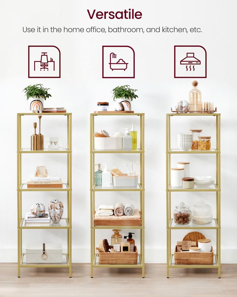 5 Tier Slim Bookcase Glass Shelves Narrow Storage Shelving Unit