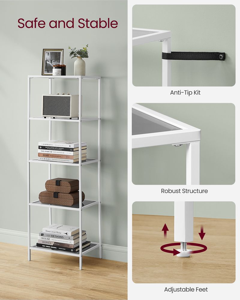 5 Tier Slim Bookcase Glass Shelves Narrow Storage Shelving Unit