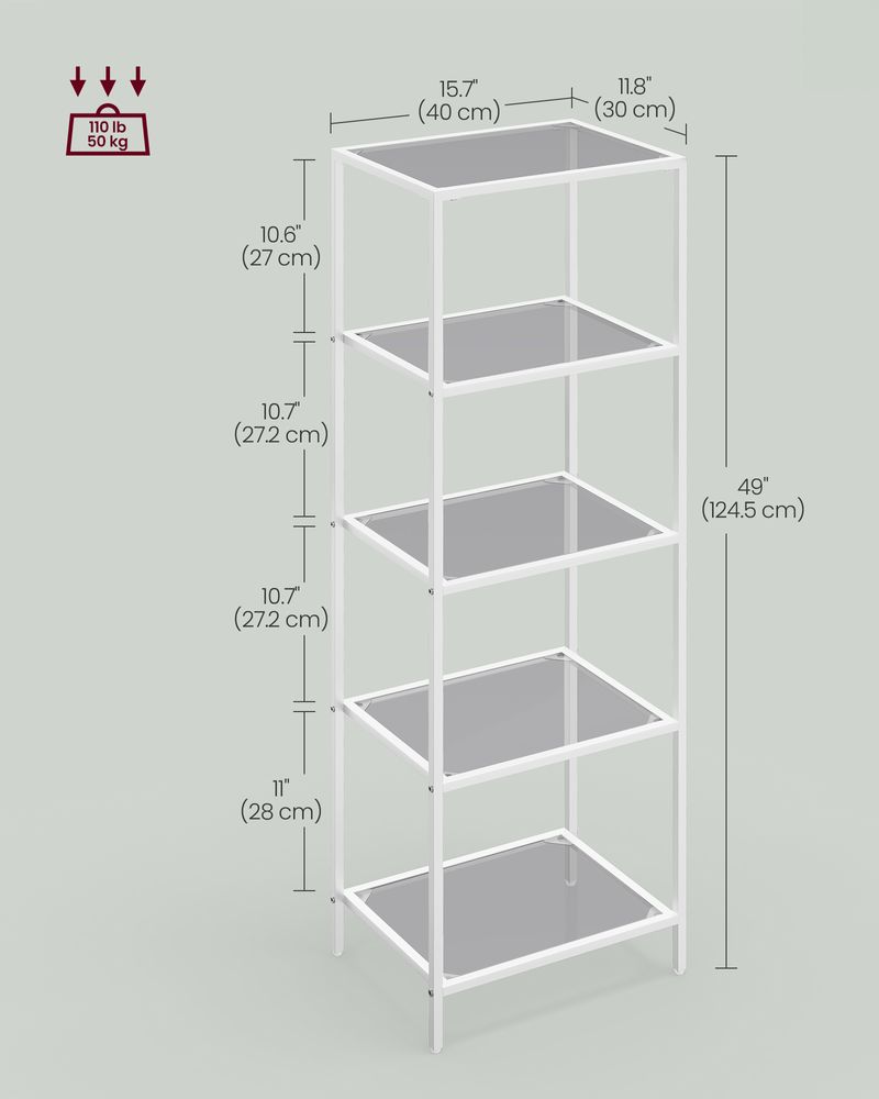 5 Tier Slim Bookcase Glass Shelves Narrow Storage Shelving Unit