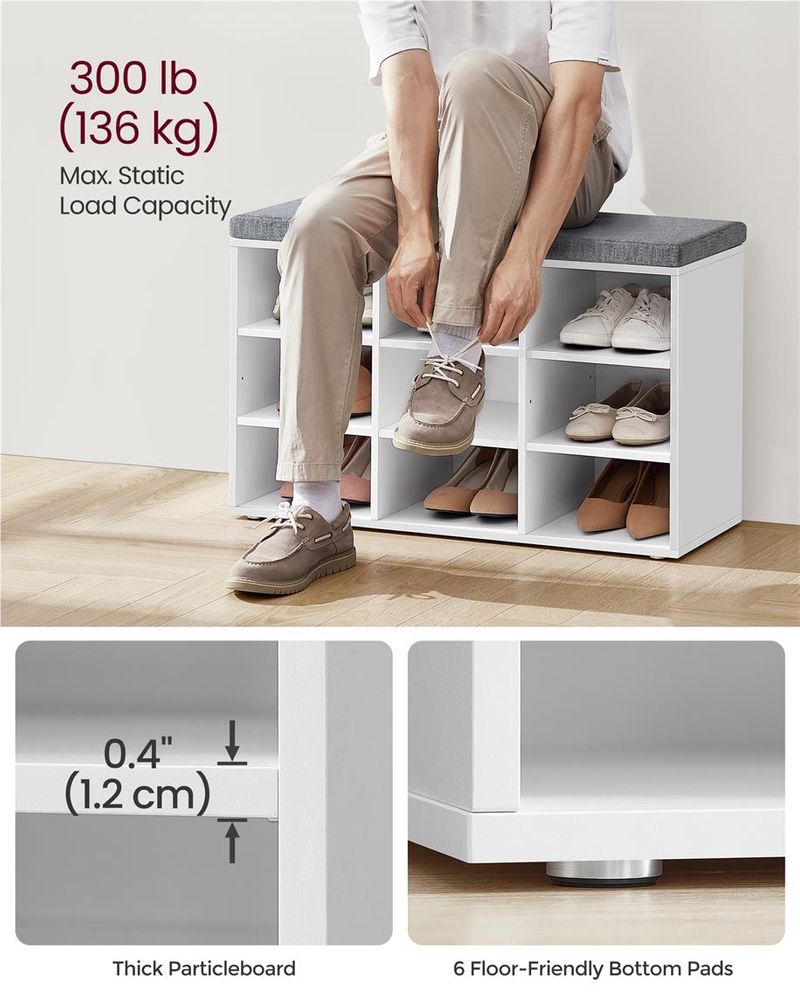 Shoe Bench With Cushion - 10 Compartments Storage - Entryway