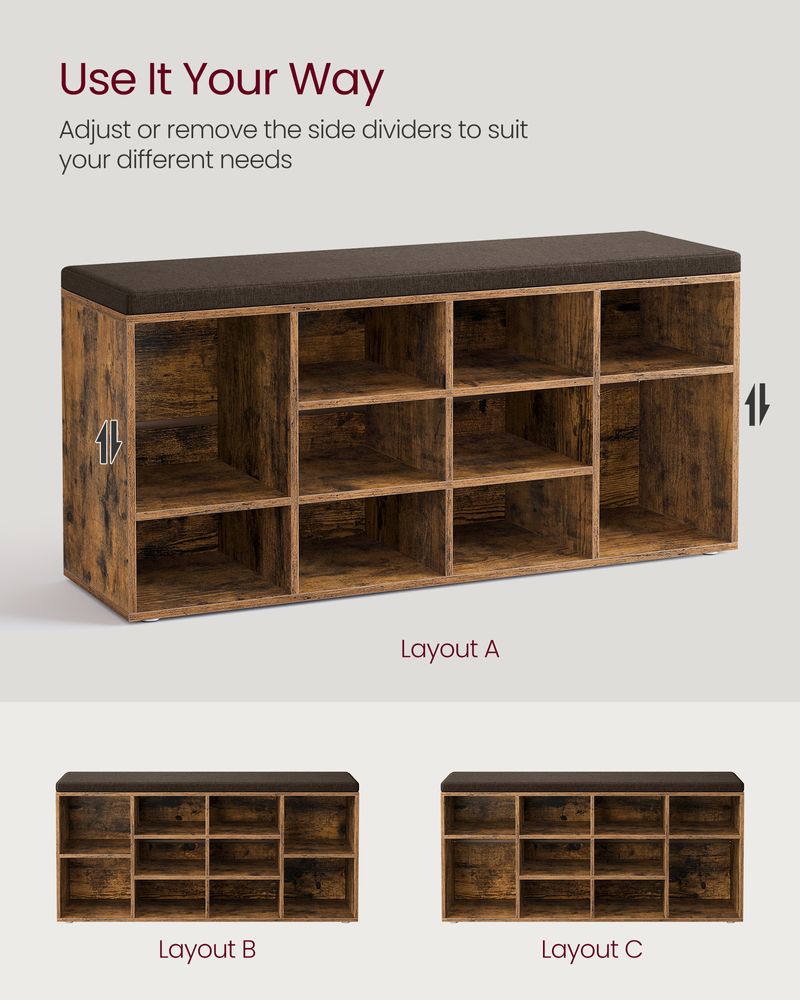 Shoe Bench With Cushion - 10 Compartments Storage - Entryway