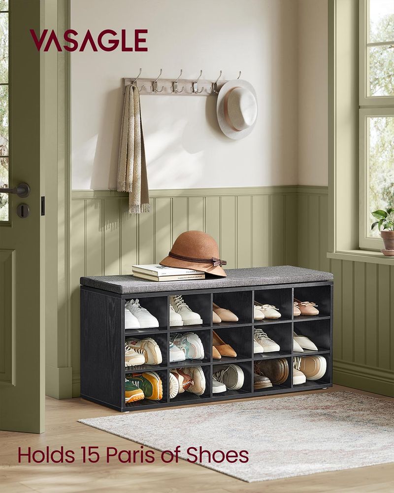 Shoe Bench With Cushion - 15 Compartments Storage - Entryway