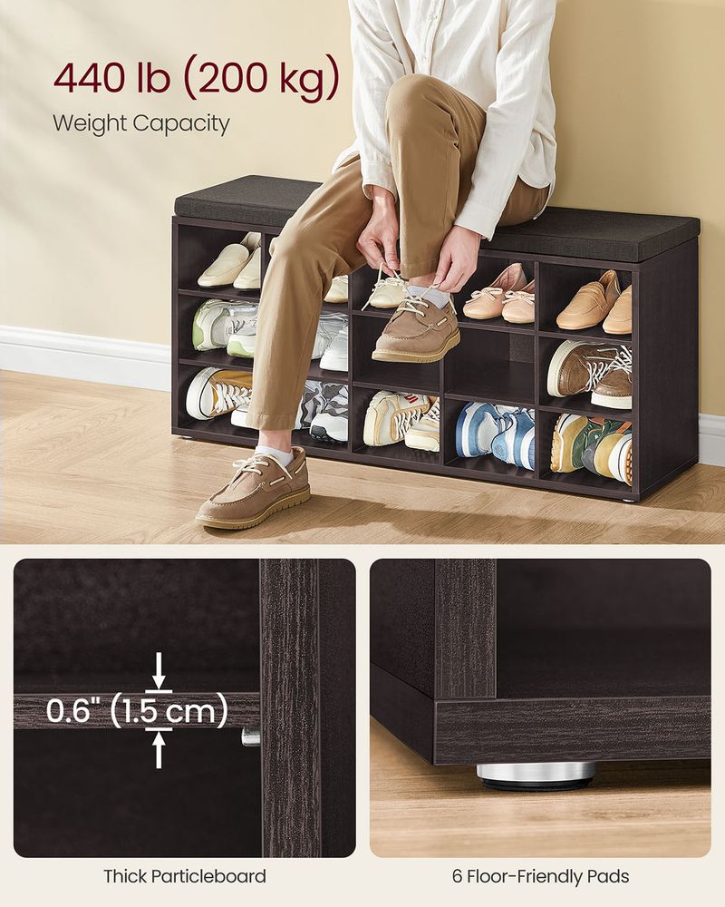 Shoe Bench With Cushion - 15 Compartments Storage - Entryway