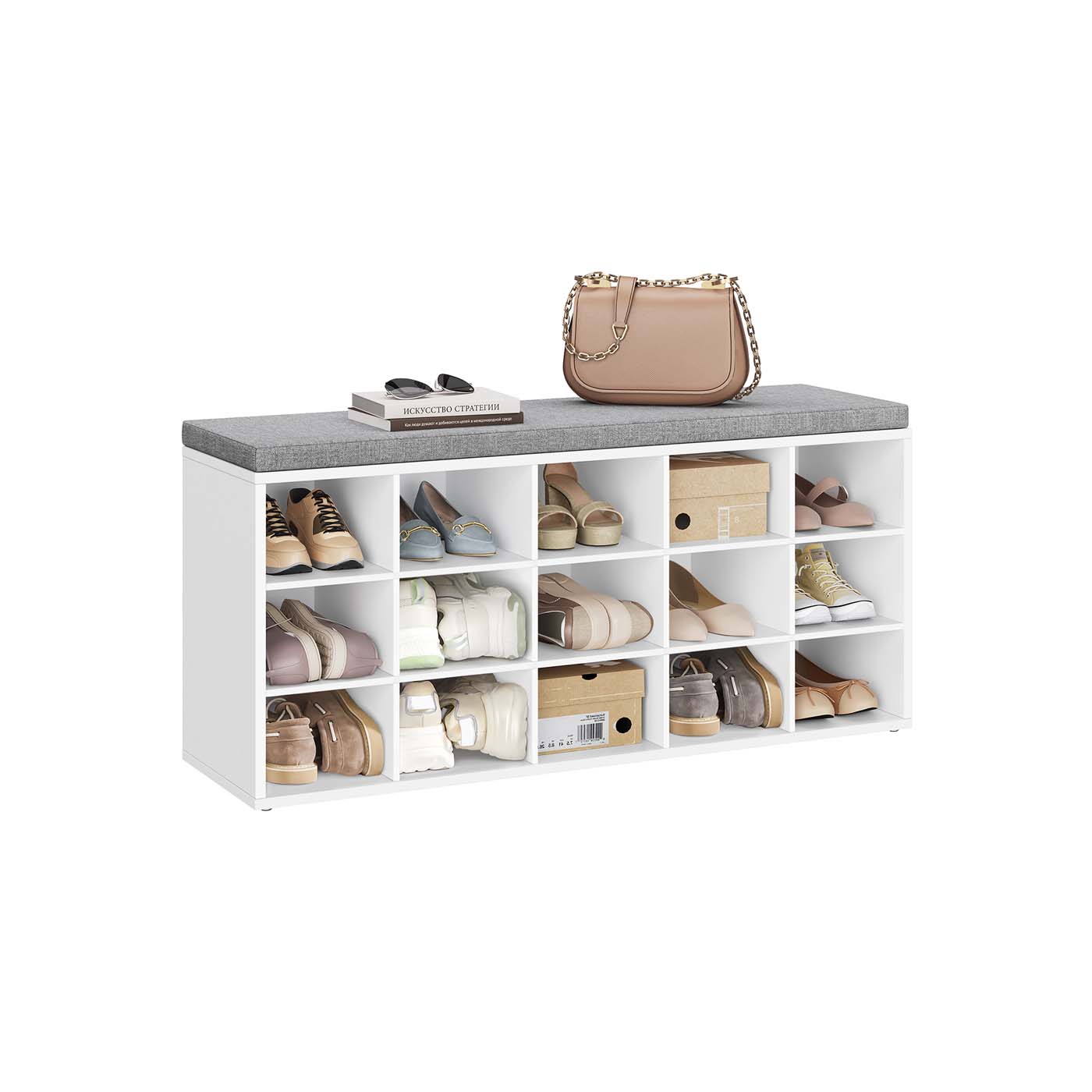 Shoe Bench With Cushion - 15 Compartments Storage - Entryway