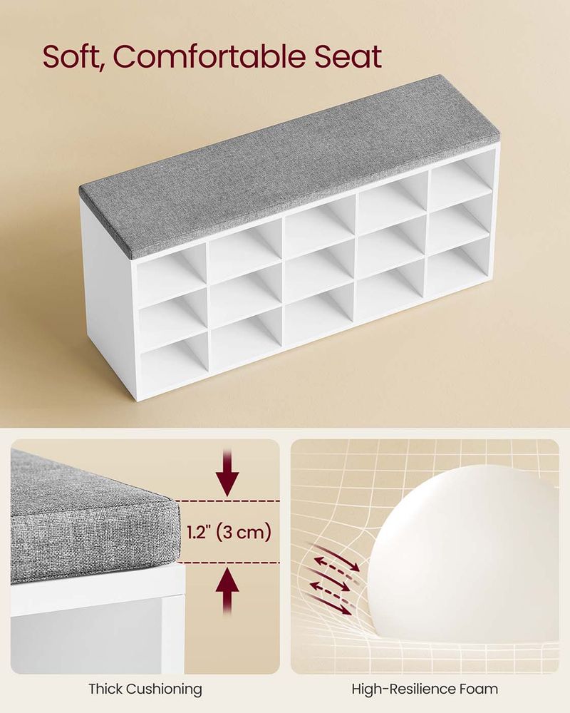 Shoe Bench With Cushion - 15 Compartments Storage - Entryway