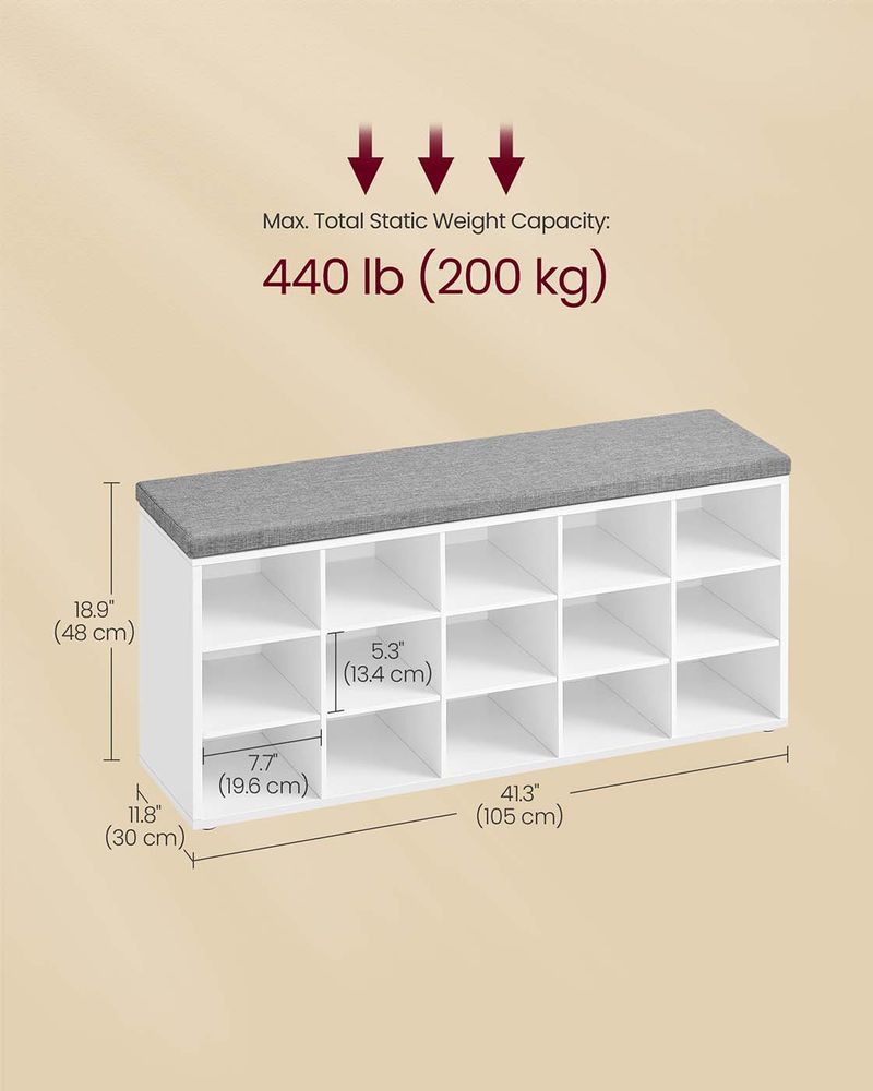 Shoe Bench With Cushion - 15 Compartments Storage - Entryway