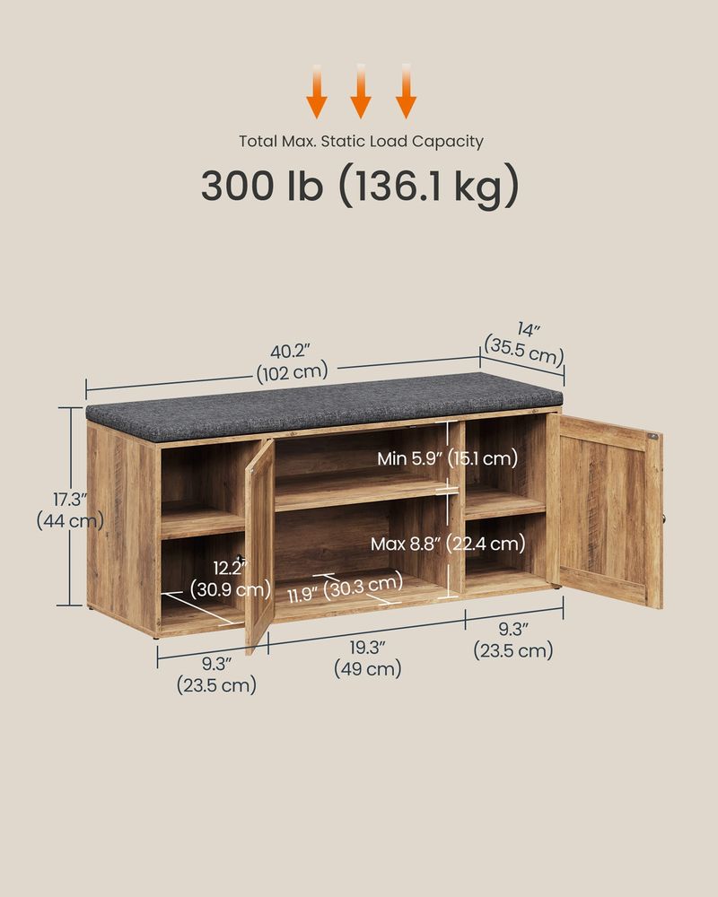 Storage Bench – Doors & Adjustable Shelves – Entryway Shoe Bench