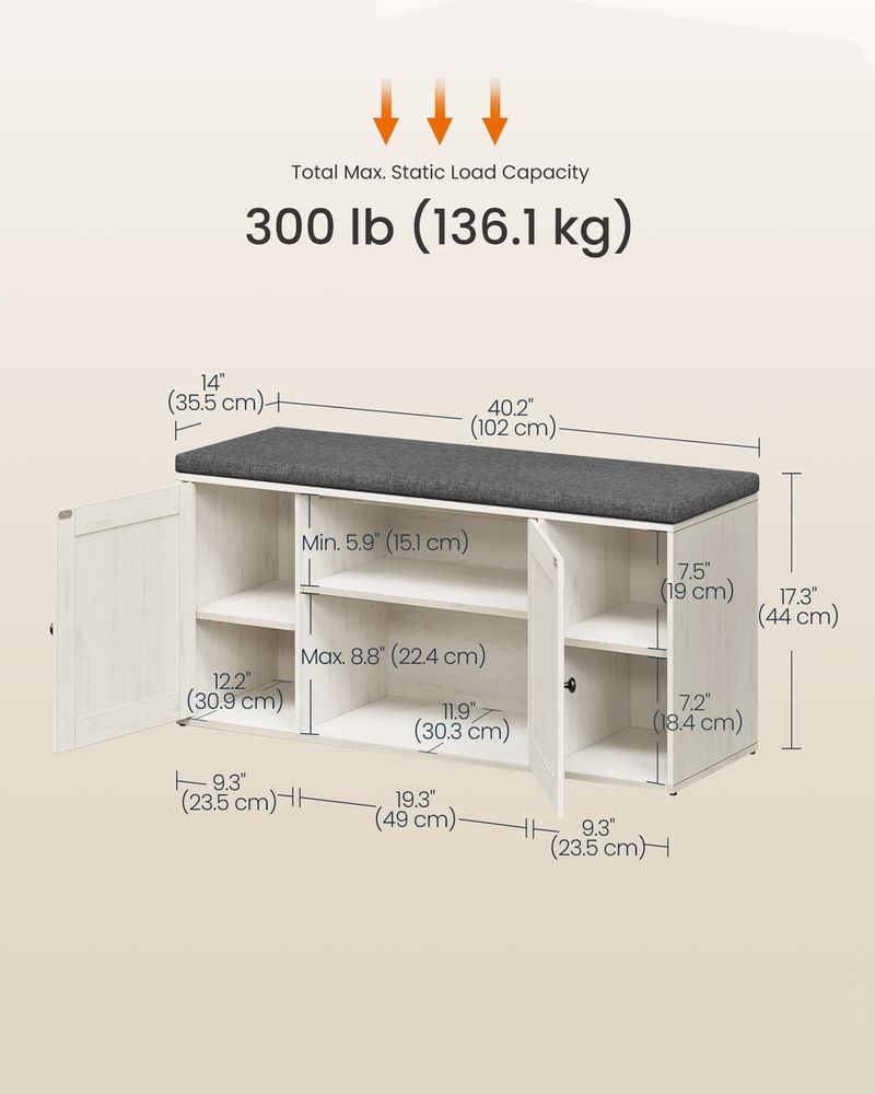 Storage Bench – Doors & Adjustable Shelves – Entryway Shoe Bench