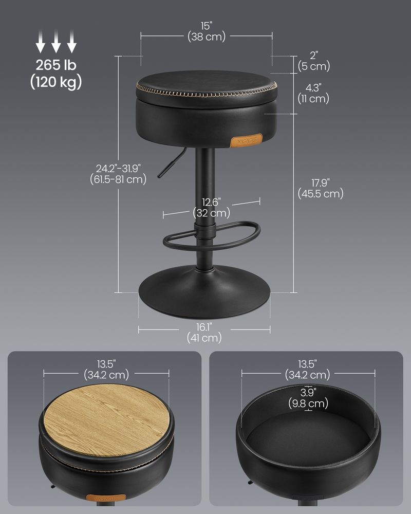 360° Swivel Bar Stool – Adjustable Height – Hidden Storage Seat