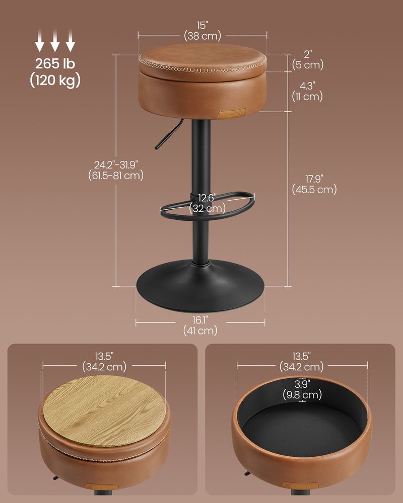 360° Swivel Bar Stool – Adjustable Height – Hidden Storage Seat