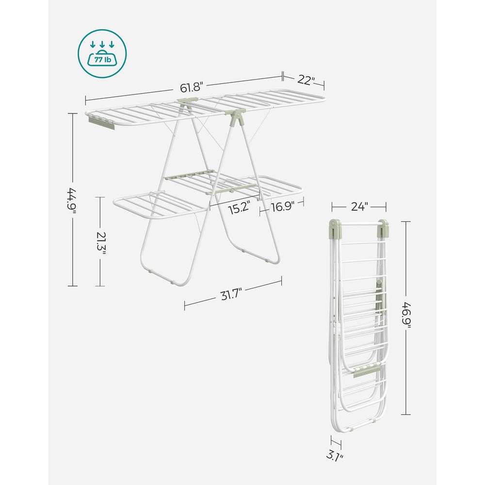 Clothes Drying Rack - Foldable 2 Level - Adjustable Height Wings