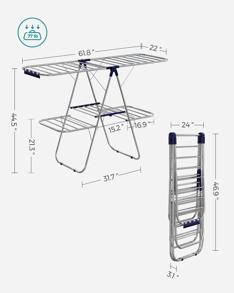 Clothes Drying Rack - Foldable 2 Level - Adjustable Height Wings