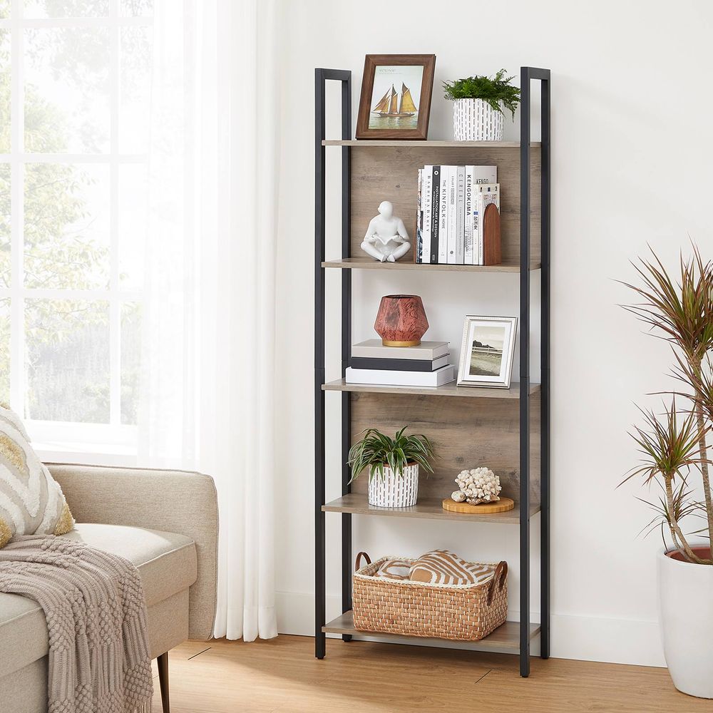 5 Tier Bookshelf With Steel Frame Tall Storage Shelving Unit