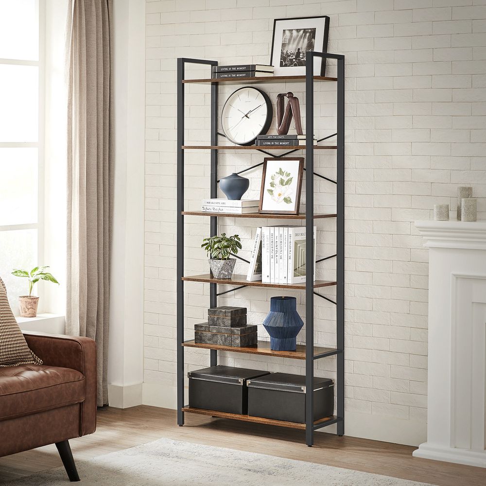 Bookshelf - Industrial 6 Tier - Steel Frame Tall Storage Shelf