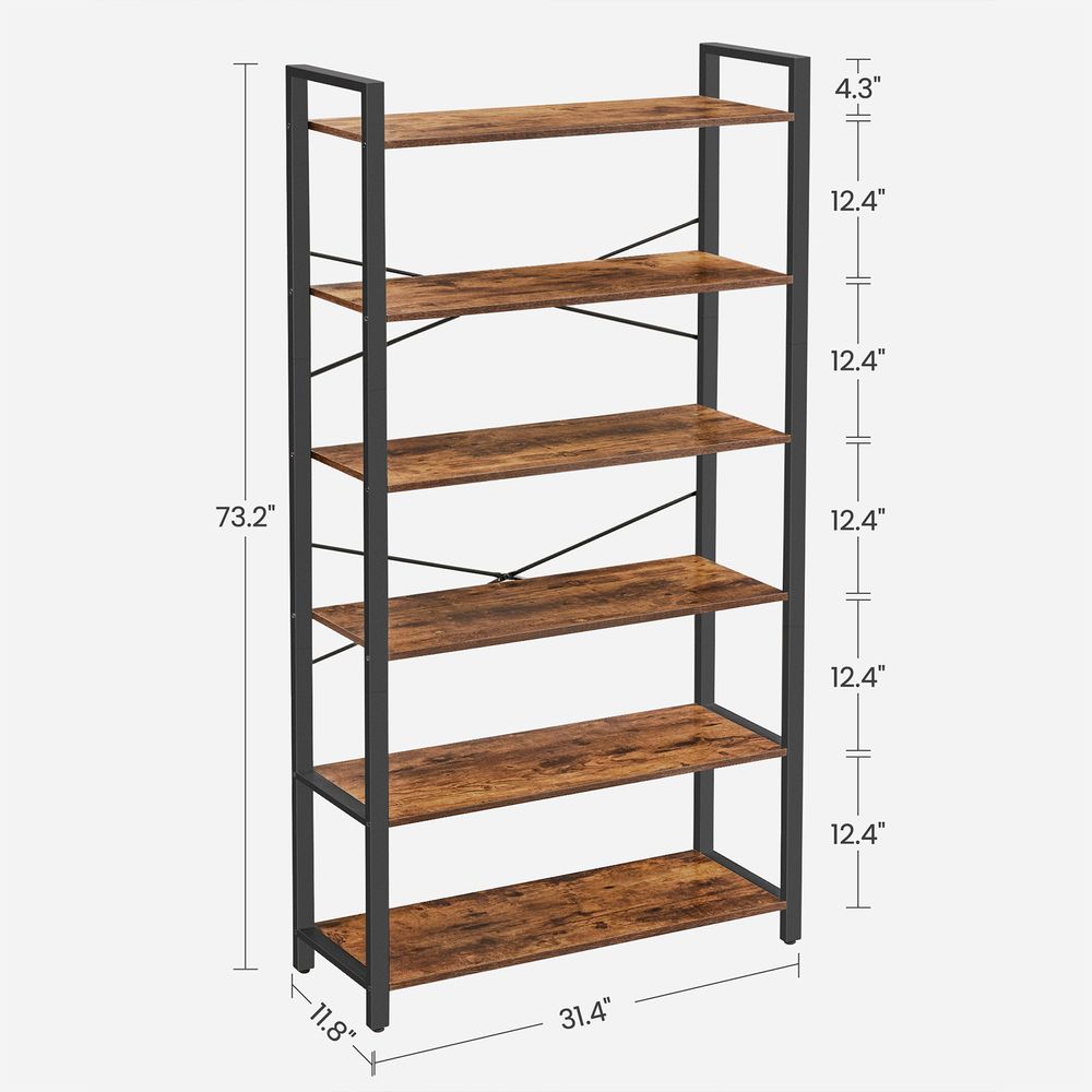 Bookshelf - Industrial 6 Tier - Steel Frame Tall Storage Shelf