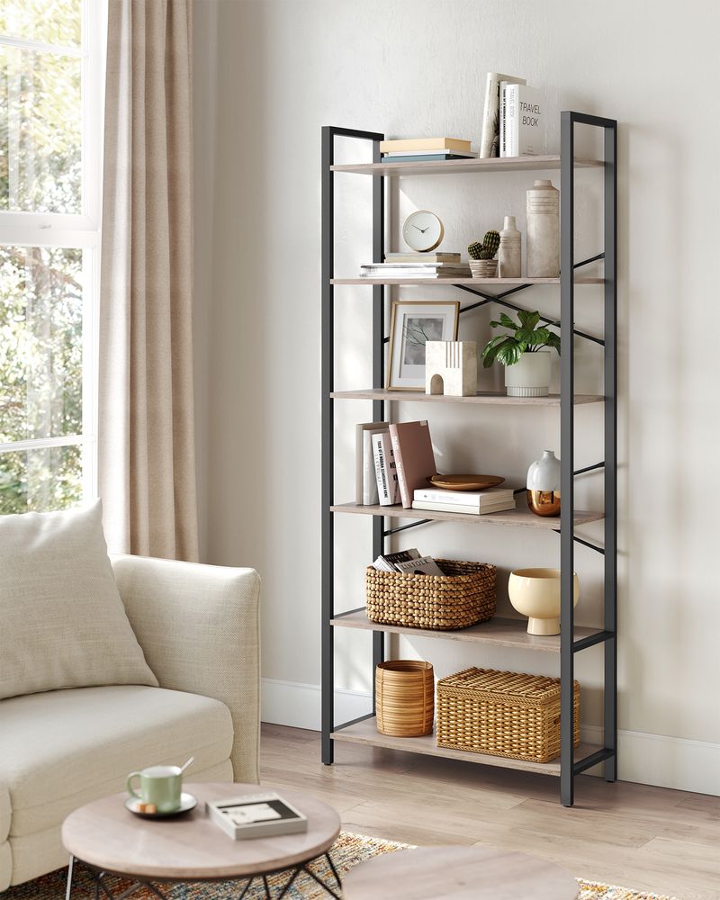 Bookshelf - Industrial 6 Tier - Steel Frame Tall Storage Shelf