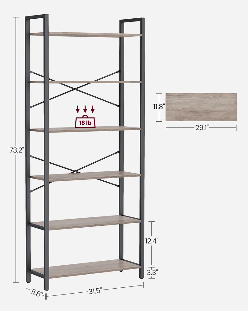Bookshelf - Industrial 6 Tier - Steel Frame Tall Storage Shelf
