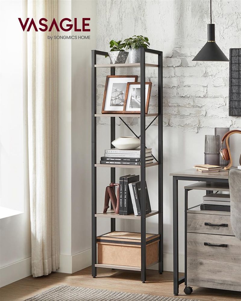 5 Shelf Storage Shelving Unit Narrow Bookcase With Steel Frame