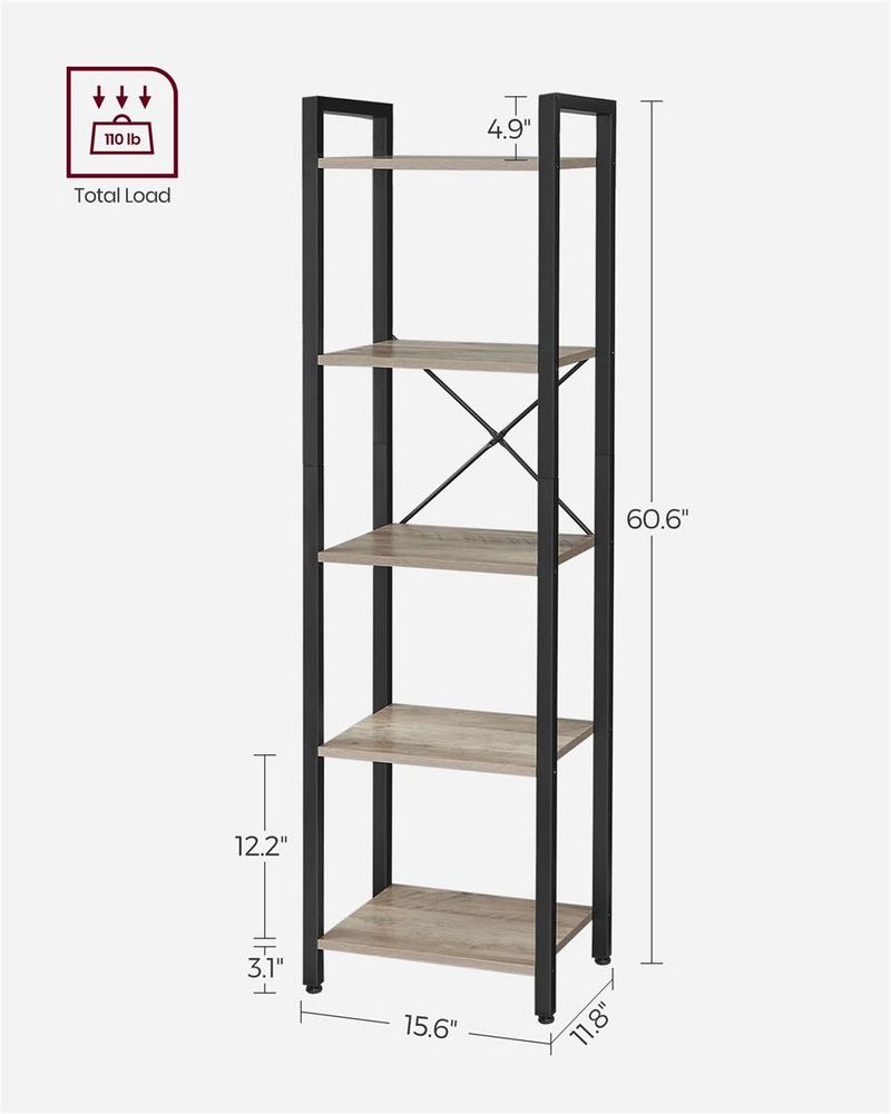 5 Shelf Storage Shelving Unit Narrow Bookcase With Steel Frame
