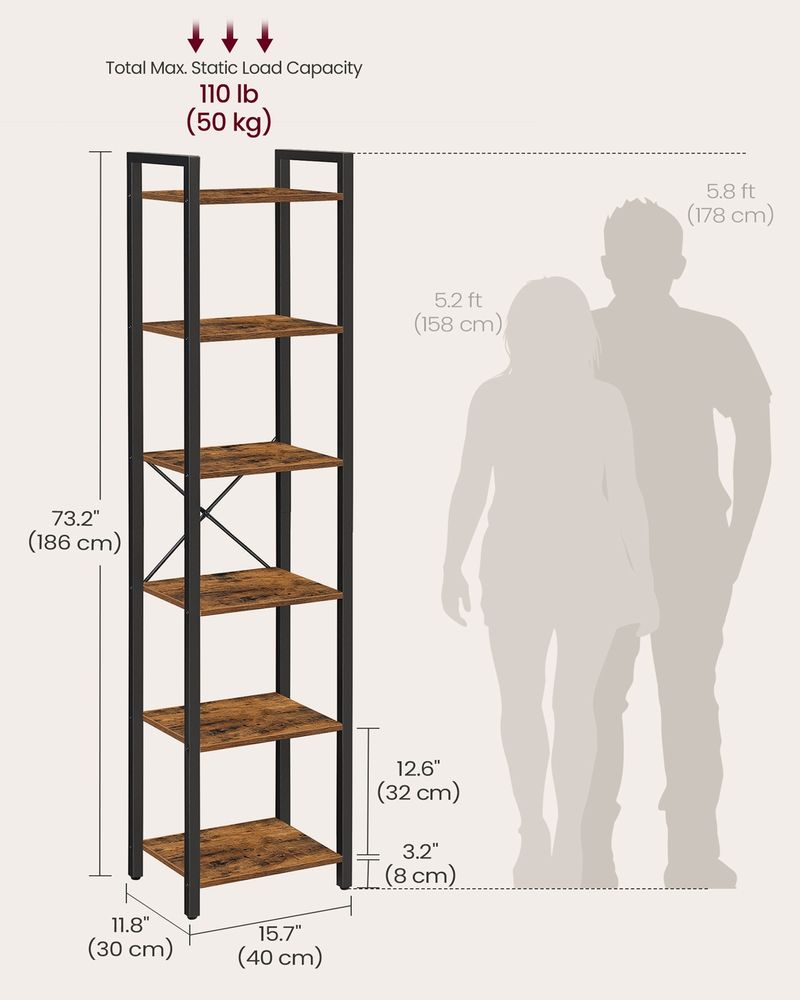 6 Tier Narrow Bookcase Tall Storage Shelving Unit With Steel Frame