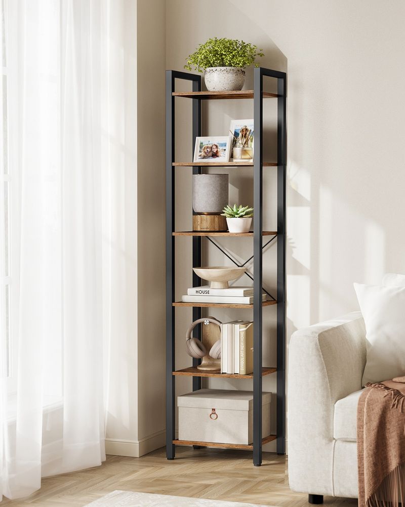 6 Tier Narrow Bookcase Tall Storage Shelving Unit With Steel Frame