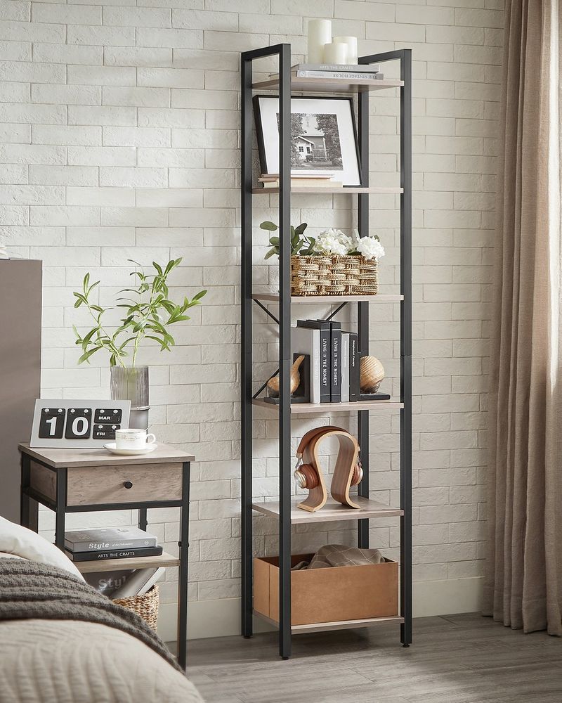 6 Tier Narrow Bookcase Tall Storage Shelving Unit With Steel Frame