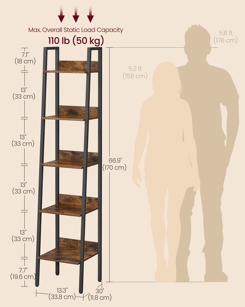 5 Tier Bookshelf Narrow Ladder Shelf Storage Shelving Unit
