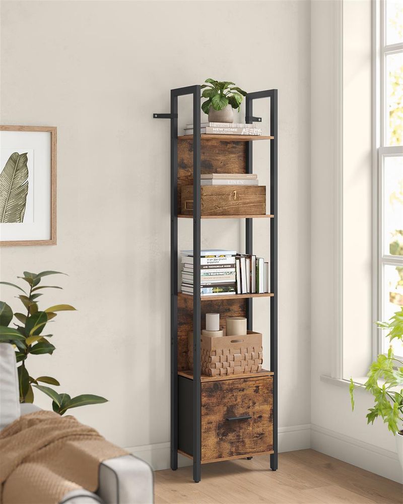 5 Tier Bookshelf With Drawer Tall Bookcase Storage Shelving Unit