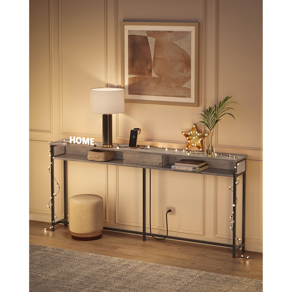 70 Inch Console Table With Outlet – Slim Design – Shelves for Entryway