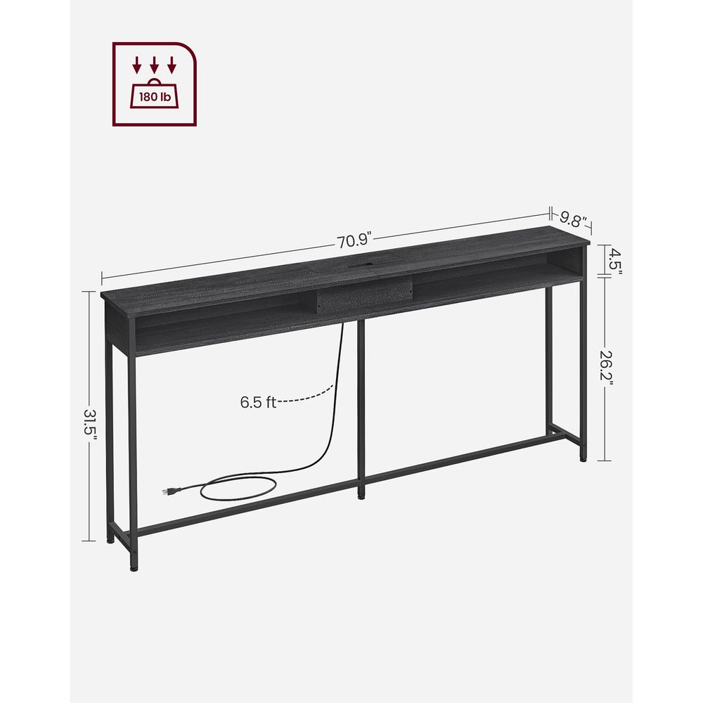 70 Inch Console Table With Outlet – Slim Design – Shelves for Entryway